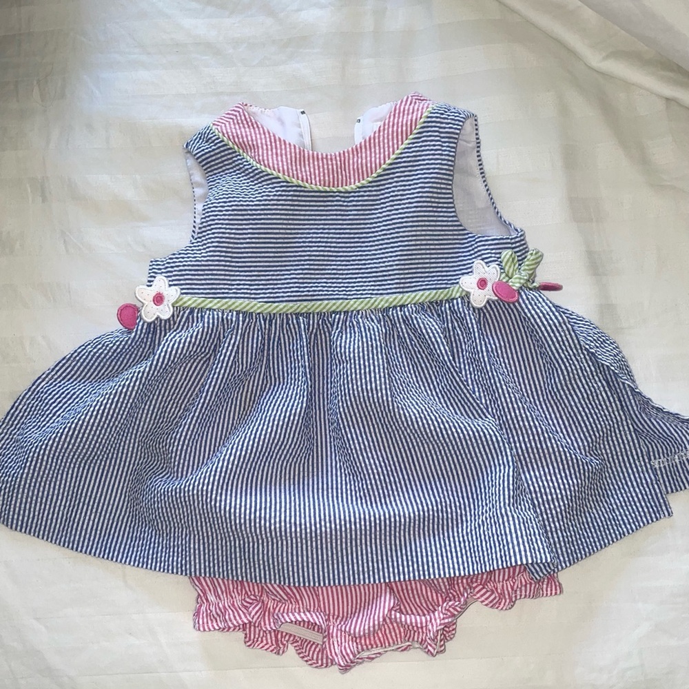 Florence Eiseman Neiman Marcus Seersucker Striped Blue Pink Baby Dress/Romper
